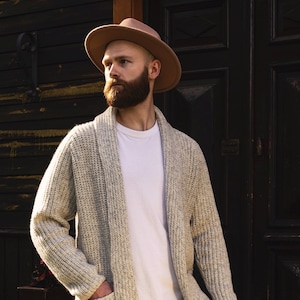 Soft Merino Wool Men's Cardigan, Hand Knitted Woolen Sweater, Open Front Cardigan for Man in Light Melange / BENJAMIN