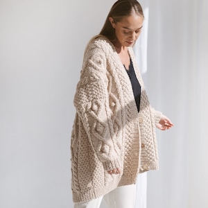 Beige Oversized Alpaca Cardigan With Buttons, Chunky Cable Knit Cardigan, Creamy Irish Women Sweater, Handmade Wool Cardigan For Women, Gift