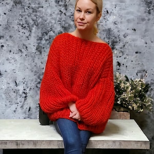 Мягкий оверсайз-свитер из красного мохера, Свитер крупной вязки, Пушистый свитер, Свитер ручной вязки, Свитер на заказ, Объемный свитер