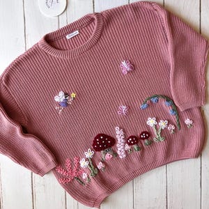 FAIRY GARDEN SWEATER, Baby Fairy Jumper, Hand Knitted Sweater & mushrooms, Chunky Knit Jumper, Floral Handmade Name Chunky Yarn Sweater