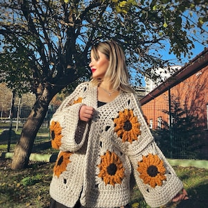 Handmade Chunky Knit Sunflower Cardigan: Wool Granny Square Jacket