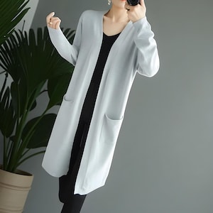 Women’s Long Cashmere Wool Blend Cardigan – V Neck Open Front Sweater with Pocket Trim