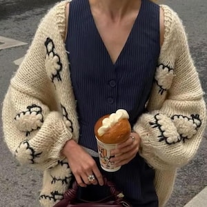 Handmade Embroidered Sheep Loose Women Cardigan V-Neck Chunky Knit 2025 Autumn Playful Cute Coat Causal Chic Lady Sweater Fall Winter Gifts