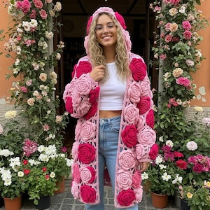 Handmade Crochet Flower Cardigan, Pink 3D Rose Design Boho Chunky Knit Sweater, Festival Outfit, Spring Fall Statement Jacket