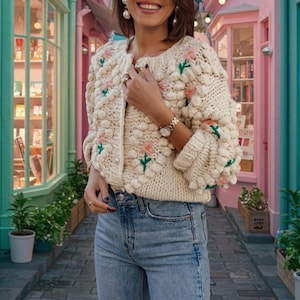 Handmade Chunky Knit Cardigan: Floral Embroidered Boho Sweater