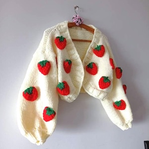 Cozy Handmade Strawberry Knit Cardigan, Chunky Oversized Sweater, 3D Embroidery, Gift for Her, Aesthetic Holiday Knitwear